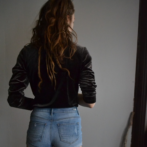 Dark Green Velvet Long Sleeve Shirt - Picture 2 of 6